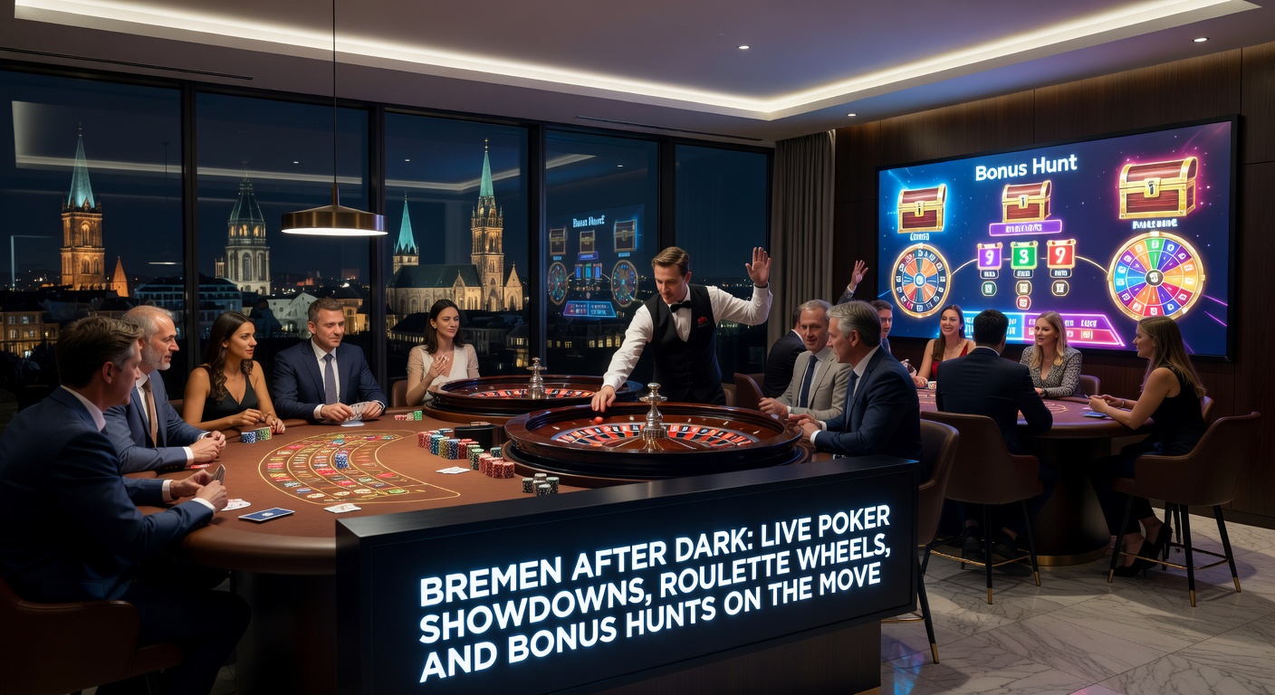 Drehendes Roulette-Rad in einem vollen Bremer Saal bei Nacht, mit Spielern, die auf ihre Einsätze starren, während mobile Apps im Vordergrund Bonus-Symbole zeigen